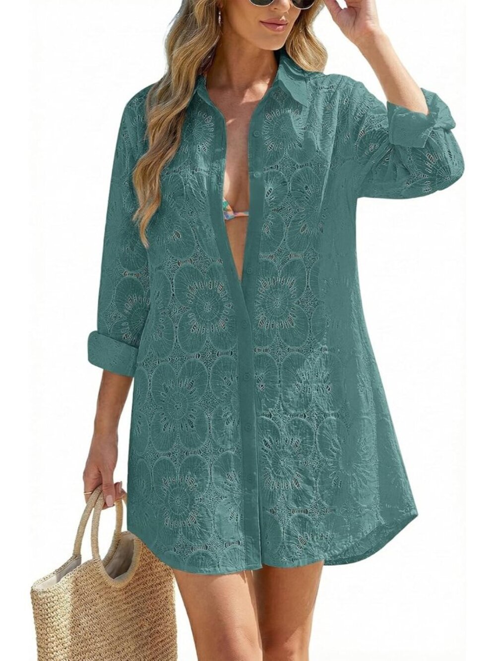 Women's Green Blouse Eyelet Bathing Suit Button Down Swimsuit Cover Up